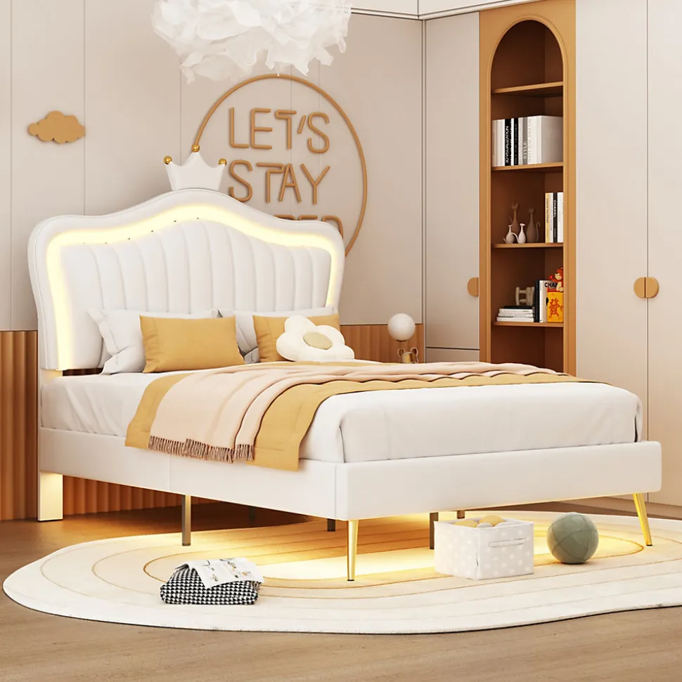 Lit simple 90 sur 200 cm cadre en PU cuir blanc style couronne avec LED sommier et tête de lit matelas non inclus