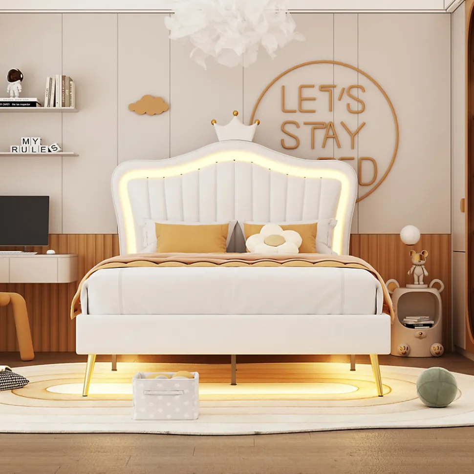 Lit simple 90 sur 200 cm cadre en PU cuir blanc style couronne avec LED sommier et tête de lit matelas non inclus