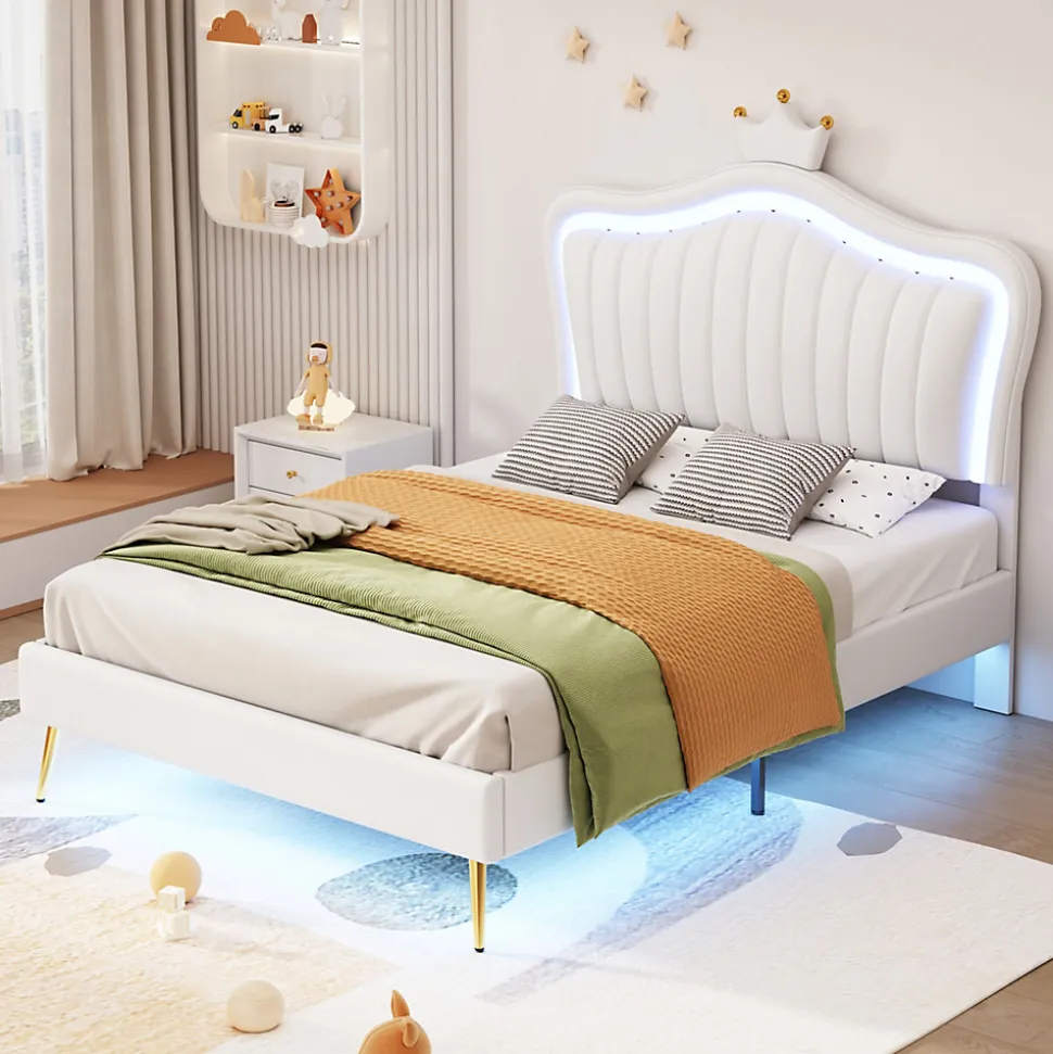 Lit simple 90 sur 200 cm cadre en PU cuir blanc style couronne avec LED sommier et tête de lit matelas non inclus