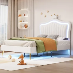 Lit simple 90 sur 200 cm cadre en PU cuir blanc style couronne avec LED sommier et tête de lit matelas non inclus