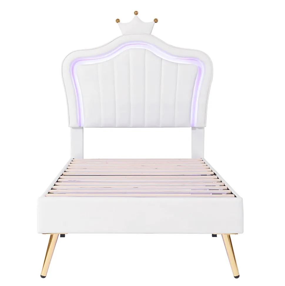 Lit simple 90 sur 200 cm cadre en PU cuir blanc style couronne avec LED sommier et tête de lit matelas non inclus