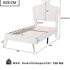 Lit simple 90 sur 200 cm cadre en PU cuir blanc style couronne avec LED sommier et tête de lit matelas non inclus