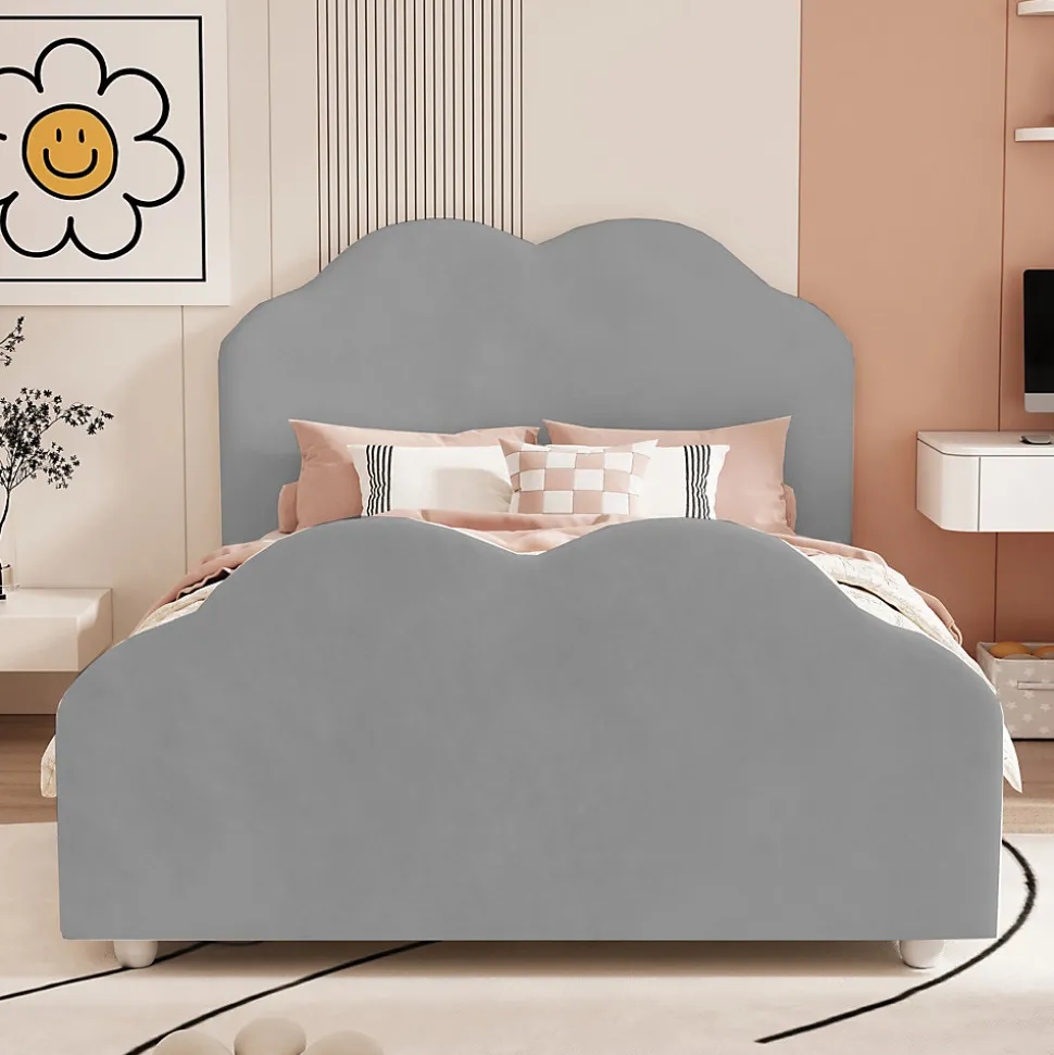 Lit simple 90 sur 200 cm cadre avec barrières tête et pied en forme de nuage en velours doux gris
