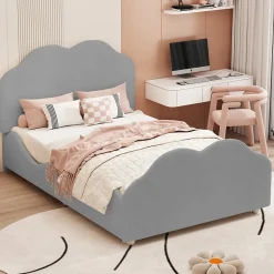 Lit simple 90 sur 200 cm cadre avec barrières tête et pied en forme de nuage en velours doux gris