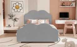 Lit simple 90 sur 200 cm cadre avec barrières tête et pied en forme de nuage en velours doux gris