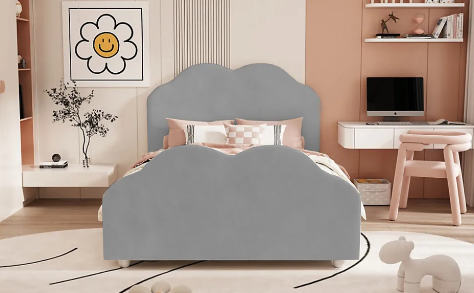 Lit simple 90 sur 200 cm cadre avec barrières tête et pied en forme de nuage en velours doux gris