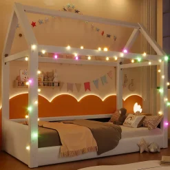 Lit Simple 90 x 200 cm - Canapé-Lit avec Éclairage LED Intégré, Gain de Place pour Chambre, Bois Massif, Sans Matelas, Beige