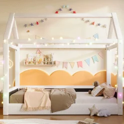 Lit Simple 90 x 200 cm - Canapé-Lit avec Éclairage LED Intégré, Gain de Place pour Chambre, Bois Massif, Sans Matelas, Beige