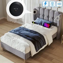 Lit Simple 90 x 200 Cm - Lit Adult avec Chargement USB Type-C - Lin, MDF, Métal - Sans Matelas - Gris