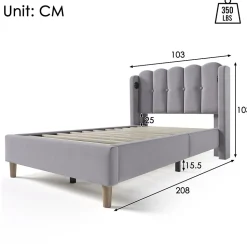Lit Simple 90 x 200 Cm - Lit Adult avec Chargement USB Type-C - Lin, MDF, Métal - Sans Matelas - Gris