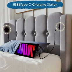 Lit Simple 90 x 200 Cm - Lit Adult avec Chargement USB Type-C - Lin, MDF, Métal - Sans Matelas - Gris