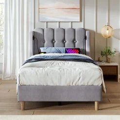 Lit Simple 90 x 200 Cm - Lit Adult avec Chargement USB Type-C - Lin, MDF, Métal - Sans Matelas - Gris