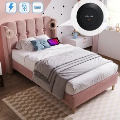 Lit Simple 90 x 200 Cm - Lit Adult avec Chargement USB Type-C - Velours, MDF, Métal - Sans Matelas - Rose