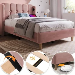 Lit Simple 90 x 200 Cm - Lit Adult avec Chargement USB Type-C - Velours, MDF, Métal - Sans Matelas - Rose