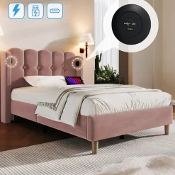 Lit Simple 90 x 200 Cm - Lit Adult avec Chargement USB Type-C - Velours, MDF, Métal - Sans Matelas - Rose