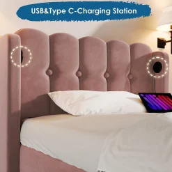 Lit Simple 90 x 200 Cm - Lit Adult avec Chargement USB Type-C - Velours, MDF, Métal - Sans Matelas - Rose