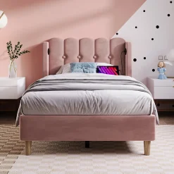 Lit Simple 90 x 200 Cm - Lit Adult avec Chargement USB Type-C - Velours, MDF, Métal - Sans Matelas - Rose