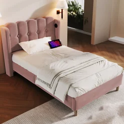 Lit Simple 90 x 200 Cm - Lit Adult avec Chargement USB Type-C - Velours, MDF, Métal - Sans Matelas - Rose