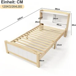 Lit simple 90 x 200 cm - Lit avec Tête de Lit Rangement - Bois Massif + MDF - avec Matelas - Blanc