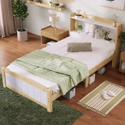 Lit simple 90 x 200 cm - Lit avec Tête de Lit Rangement - Bois Massif + MDF - avec Matelas - Blanc