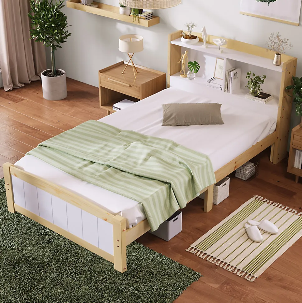 Lit simple 90 x 200 cm - Lit avec Rangement Tête de Lit - Bois Massif et MDF - Sans Matelas - Blanc