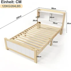 Lit simple 90 x 200 cm - Lit avec Rangement Tête de Lit - Bois Massif et MDF - Sans Matelas - Blanc