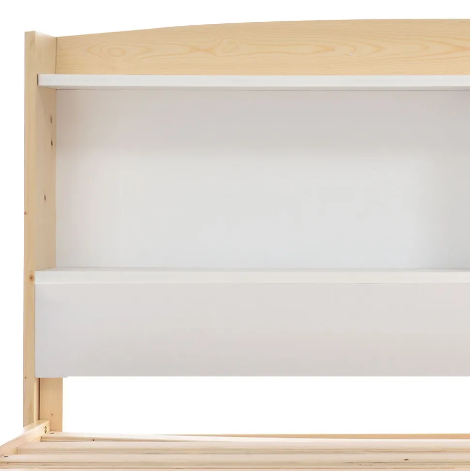 Lit simple 90 x 200 cm - Lit avec Rangement Tête de Lit - Bois Massif et MDF - Sans Matelas - Blanc