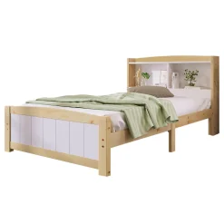 Lit simple 90 x 200 cm - Lit avec Rangement Tête de Lit - Bois Massif et MDF - Sans Matelas - Blanc
