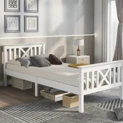 Lit Simple 90 x 200 Cm - Lit Classique avec Sommier à Lattes et Tête de Lit - Pin Massif, MDF - Sans Matelas - Blanc