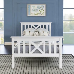 Lit Simple 90 x 200 Cm - Lit Classique avec Sommier à Lattes et Tête de Lit - Pin Massif, MDF - Sans Matelas - Blanc