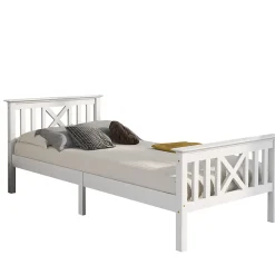 Lit Simple 90 x 200 Cm - Lit Classique avec Sommier à Lattes et Tête de Lit - Pin Massif, MDF - Sans Matelas - Blanc