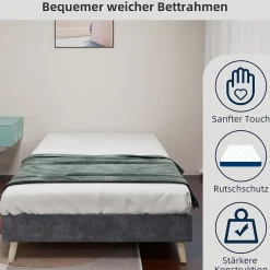 Lit Simple Adulte 90x200 cm - Lit Bas Sans Tête de Lit, Sans Matelas, Moderne et Minimaliste, Velours Gris