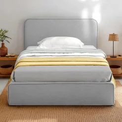 Lit simple BELARTI 90 x 190 cm rembourré, revêtement en tissu - Gris clair