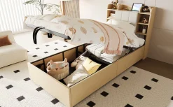 Lit simple bois 90 par 200 cm avec tete de lit rangement prise USB et Type C systeme hydraulique sans matelas