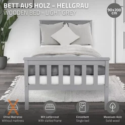 Lit simple bois de pin gris clair d'adolescents avec sommier à lattes 200x90 cm