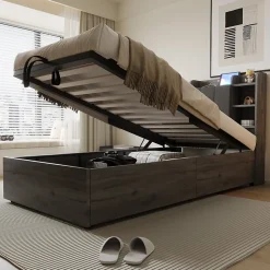 Lit simple bois gris 90 par 200 cm avec tete de lit rangement prise USB et Type C systeme hydraulique sans matelas