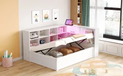 Lit simple bois massif blanc 90 par 200 cm avec rangements prises lumineuse et systeme hydraulique