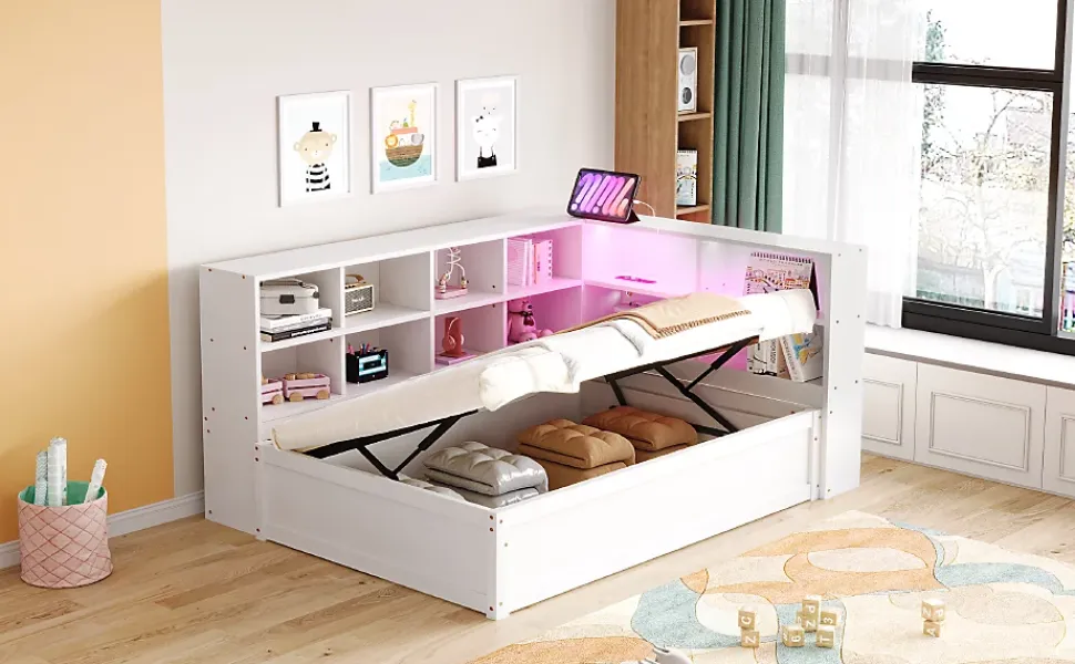 Lit simple bois massif blanc 90 par 200 cm avec rangements prises lumineuse et systeme hydraulique