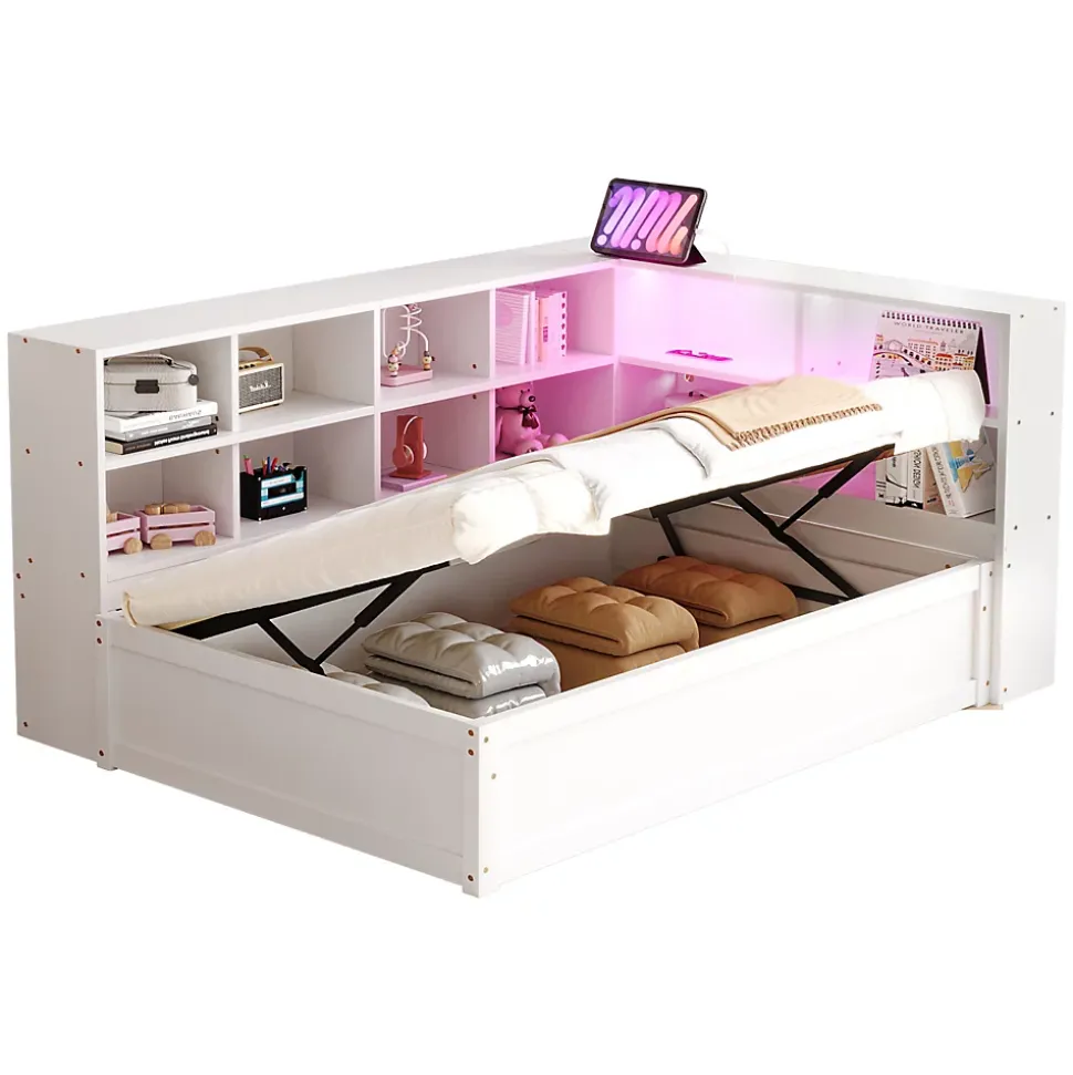 Lit simple bois massif blanc 90 par 200 cm avec rangements prises lumineuse et systeme hydraulique