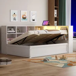 Lit simple bois massif blanc 90 par 200 cm avec rangements prises lumineuse et systeme hydraulique