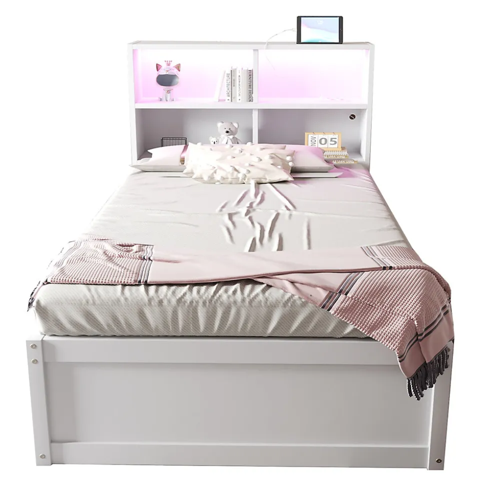 Lit simple bois massif blanc avec rangements prise lumiere LED et systeme hydraulique