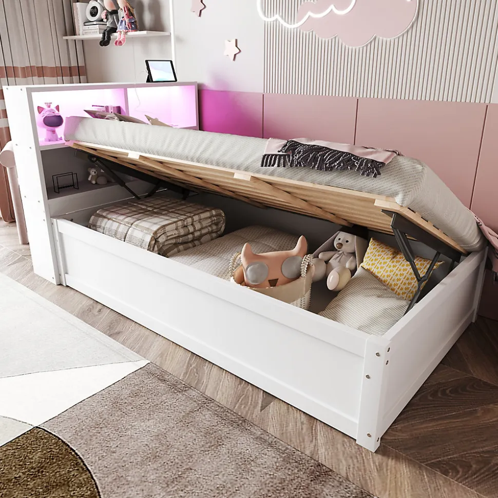 Lit simple bois massif blanc avec rangements prise lumiere LED et systeme hydraulique