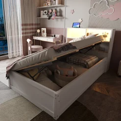 Lit simple bois massif blanc avec rangements prise lumiere LED et systeme hydraulique