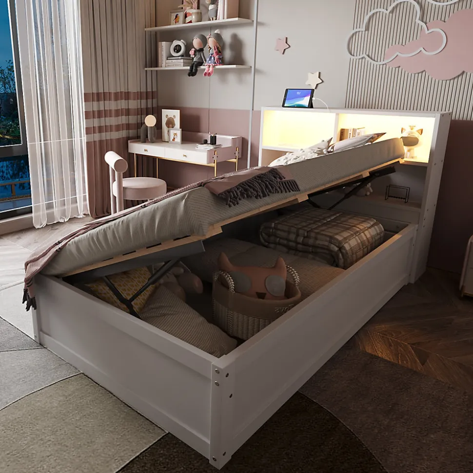 Lit simple bois massif blanc avec rangements prise lumiere LED et systeme hydraulique