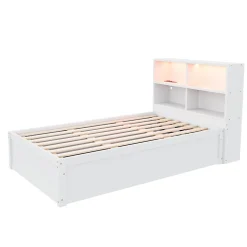 Lit simple bois massif blanc avec rangements prise lumiere LED et systeme hydraulique