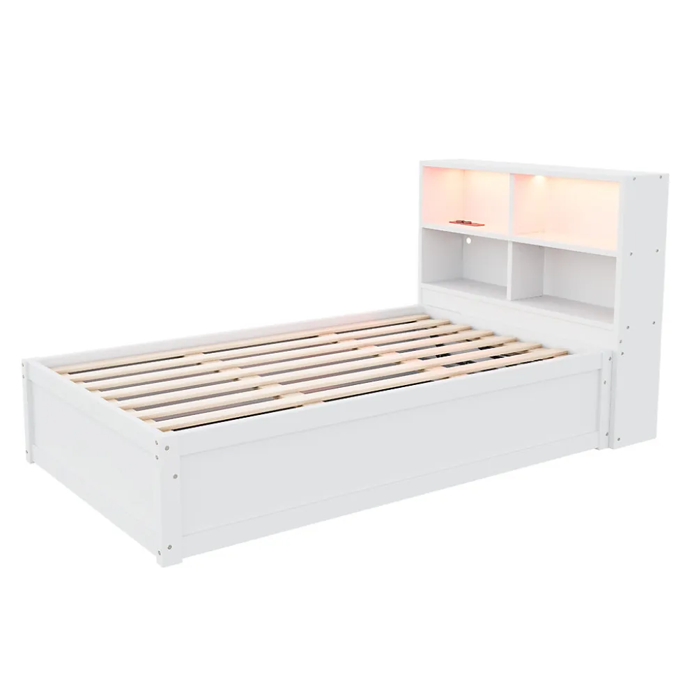 Lit simple bois massif blanc avec rangements prise lumiere LED et systeme hydraulique