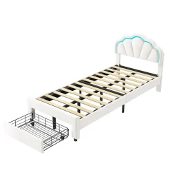 Lit simple capitonné 90x200 cm avec tiroirs, sommier à lattes, velours, bande lumineuse LED - Blanc