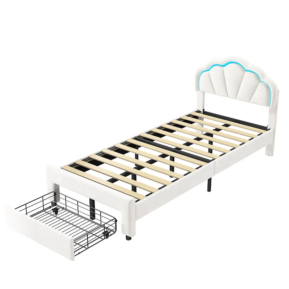 Lit simple capitonné 90x200 cm avec tiroirs, sommier à lattes, velours, bande lumineuse LED - Blanc