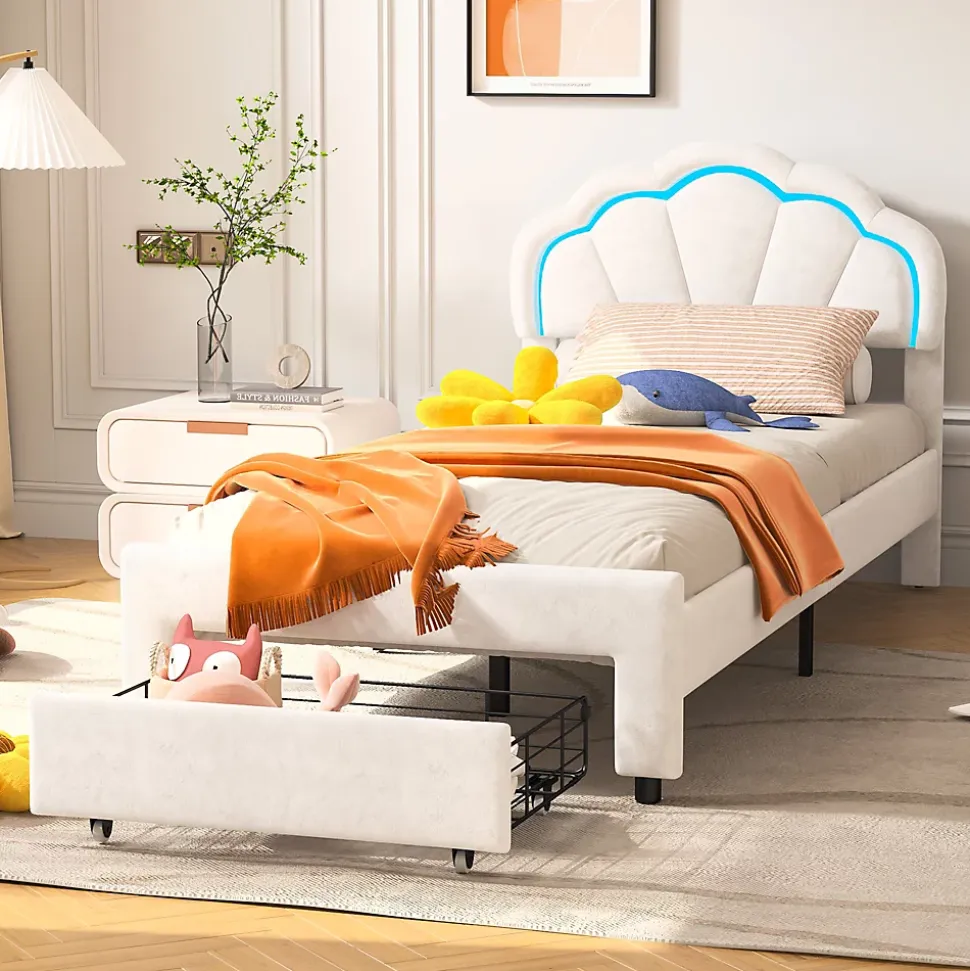 Lit simple capitonné 90x200 cm avec tiroirs, sommier à lattes, velours, bande lumineuse LED - Blanc