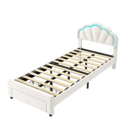 Lit simple capitonné 90x200 cm avec tiroirs, sommier à lattes, velours, bande lumineuse LED - Blanc